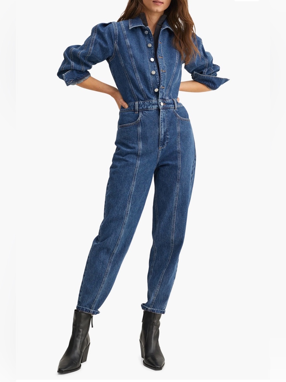 Mango Medium-Wash Seamed Denim Jumpsuit